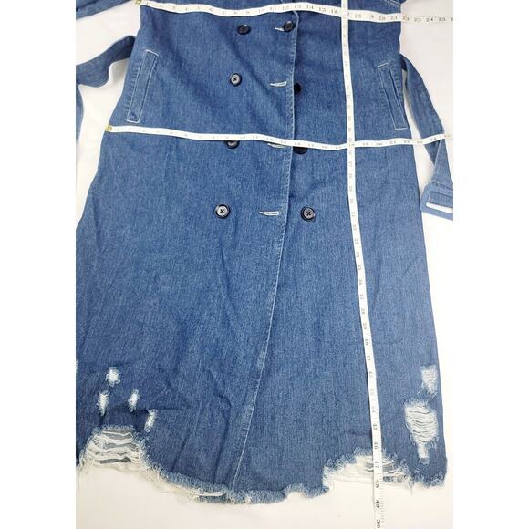 Now N Forever Denim Jean Duster Long Jacket Coat M/L Distress Pockets Belted New - Picture 13 of 14
